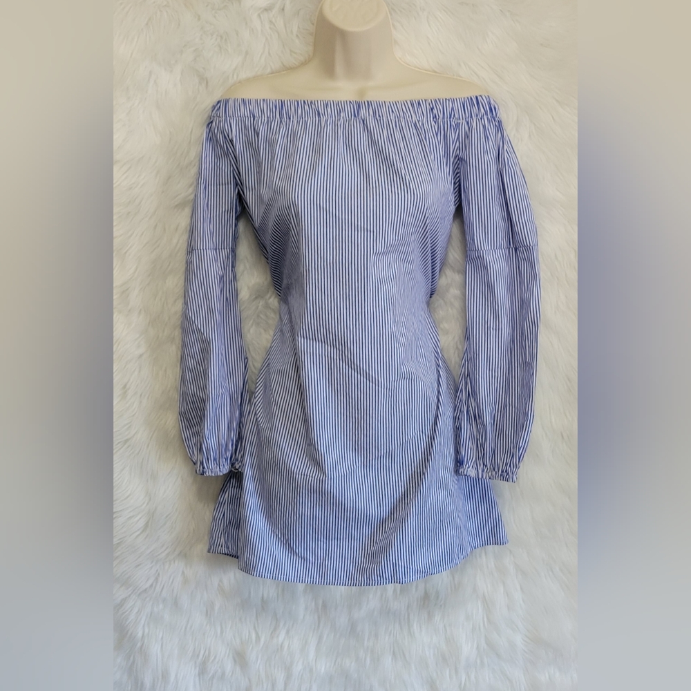 iris stripe off shoulder runched dress blue white small